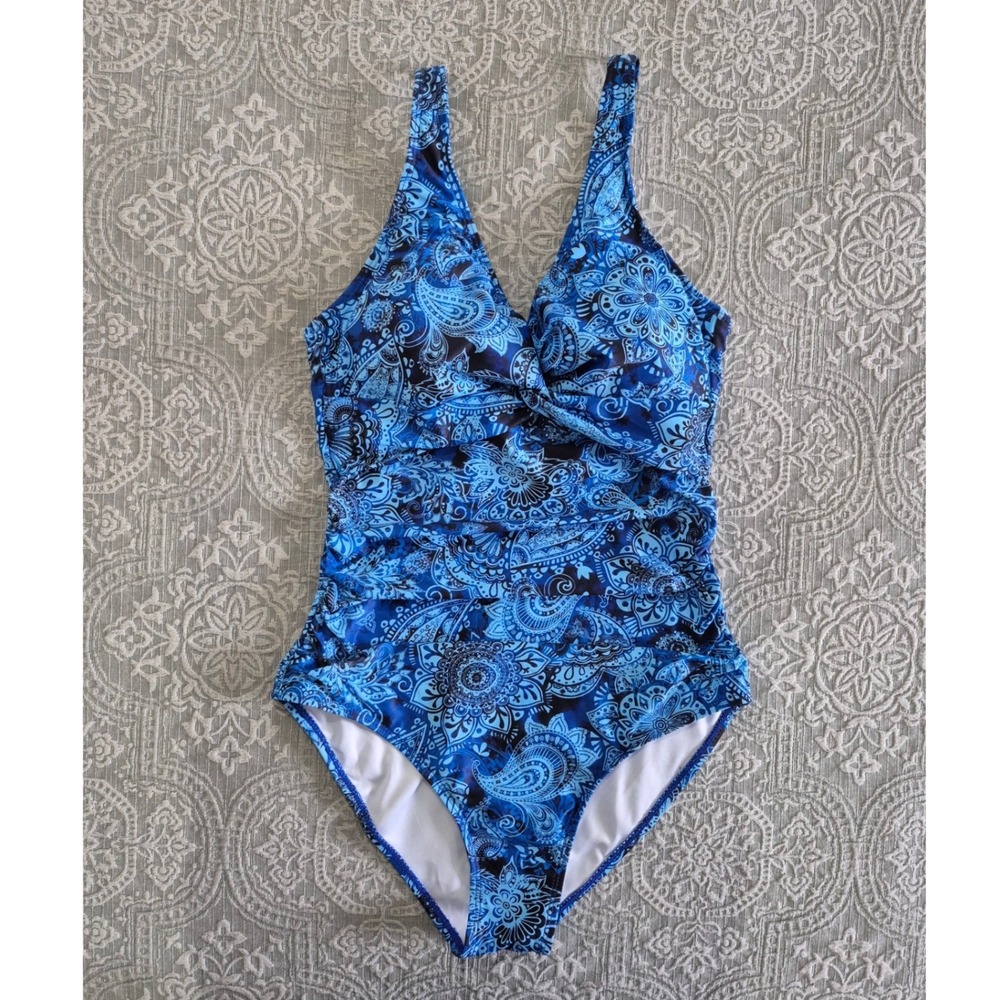 Holipick Womens Blue Paisley Ruched One Piece Swimsuit Tummy Control Size M NWT